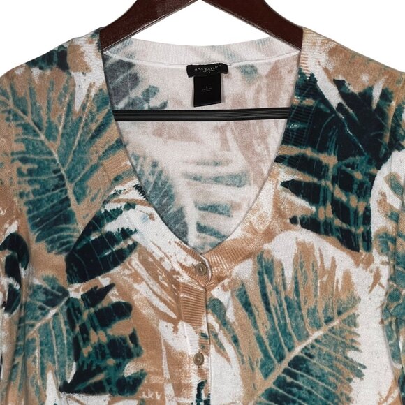 Ann Taylor Women's L Tropical Leaf Button-Front Short Sweater 100% Cotton Office - Picture 1 of 13